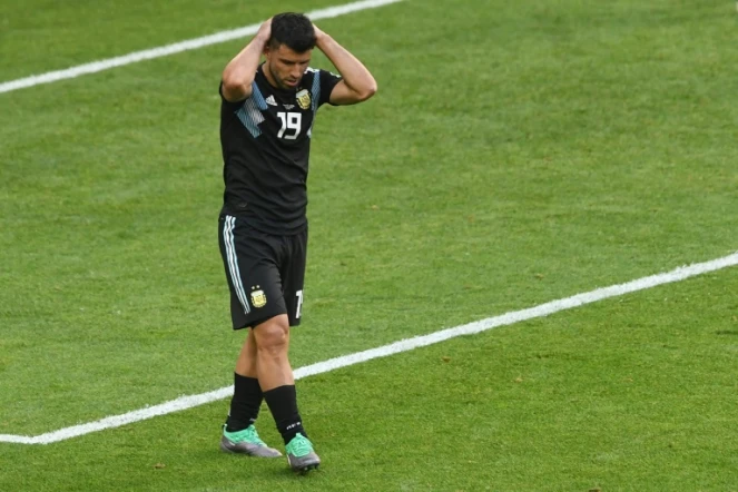 L'attaquant argentin Sergio Aguero pendant le match nul face à l'Islande à Moscou, le 16 juin 2018  lors du premier match du Groupe D 