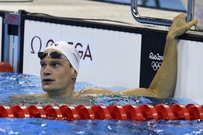 Yannick Agnel à l'issue du 200 m nage libre des Jeux de Rio, le 7 août 2016 au Centre aquatique olympique