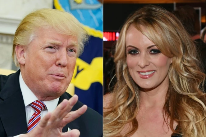 Le président américain Donald Trump, le 14 février 2018 à Washington, et l'actrice porno Stormy Daniels, le 4 février 2018 à Las Vegas (Nevada)