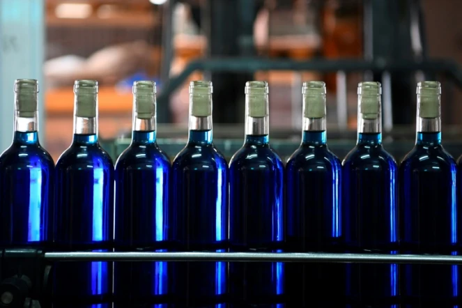 Des bouteilles de vin bleu produit par l'entreprise Gik Live!, le 13 septembre 2018 à Maluenda, en Espagne