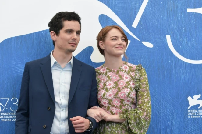 L'actrice américaine Emma Stones et le réalisateur Damien Chazelle pour le film "La la Land", le 31 août 2016 à la Mostra de Venis