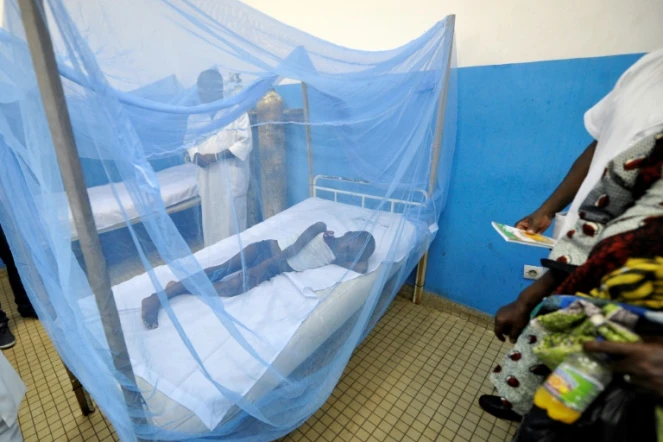 Un enfant malade se trouve dans une moustiquaire dans un hôpital d'Abidjan, le 24 avril 2015