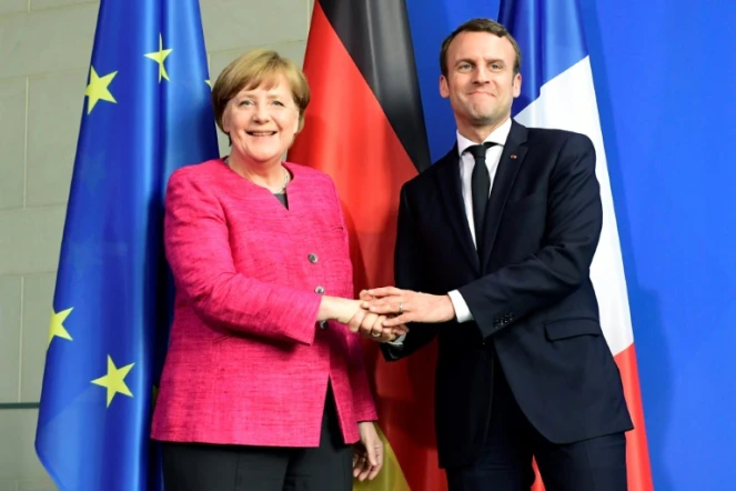 La chancelière allemande Angela Merkel et le président français Emmanuel Macron à Berlin, le 15 mai 2017