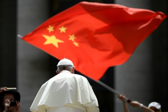 Un fidèle agite le drapeau chinois près du Pape François le 12 juin 2019 au Vatican