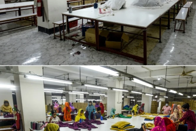 Pendant le confinement le 7 avril et après le déconfinement le 18 juin à l'usine textile Dibbo Fashion, près de Dacca