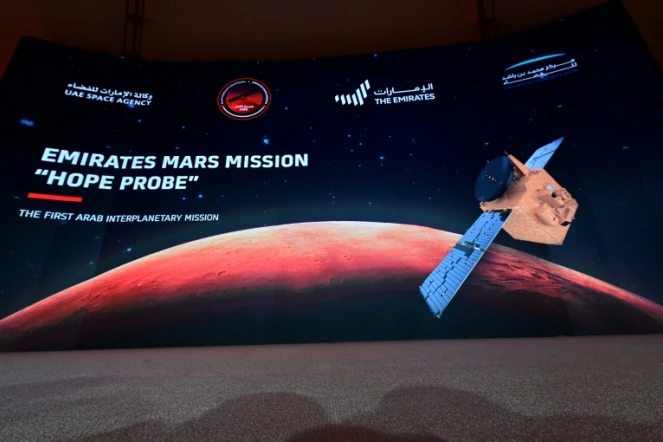 Photo d'archives d'un écran lors du lancement de la sonde émiatie "Hope" au centre spatial Mohamed ben Rached à Dubaï, le 19 juillet 2020