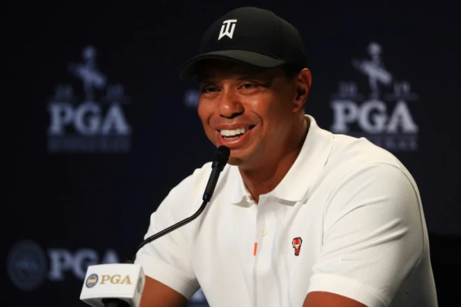 Tiger Woods en conférence de presse avant le début du Championnat PGA, à Bethpage dans l'Etat de New York, le 14 mai 2019