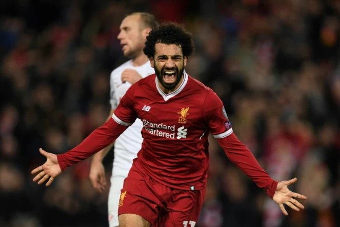 L'attaquant égyptien de Liverpool Mohamed Salah vient de marquer contre le Spartak Moscou en Ligue des champions, le 6 décembre 2017 à Liverpool