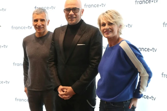 Nagui, Pascal Obispo et Sophie Davant lors d'une conférence de presse pour le Téléthon 2018, le 8 novembre 2018 à Paris
