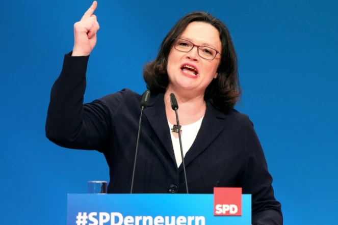 Andrea Nahles, nouvelle présidente du Parti social-démocrate allemand, prononce un discours pendant le congrès du SPD à Wiesbaden
