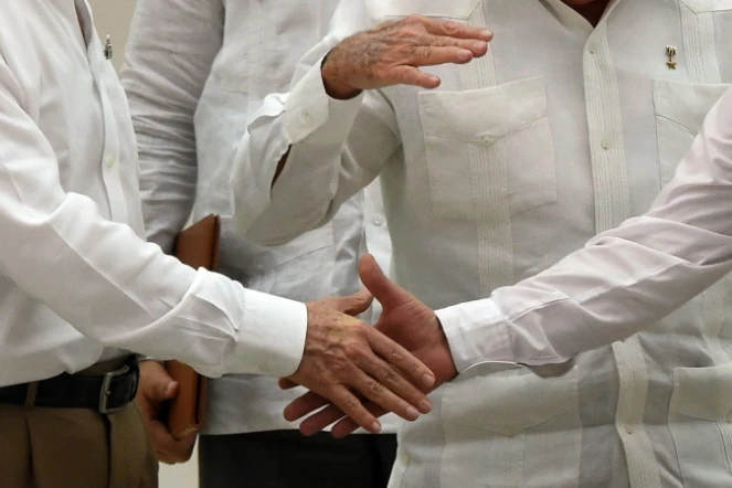 Gros plan sur la poignée de mains entre le président colombien Juan Manuel Santos et le chef des FARC Timoleon Jimenez, alias Timochenko, le 23 septembre 2015 à La Havane 