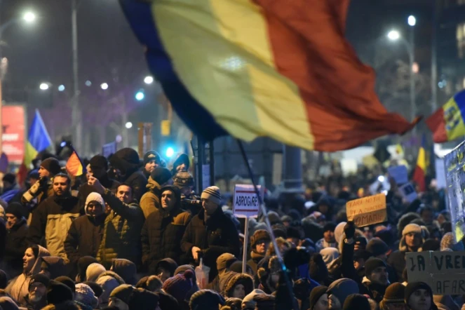 Manifestation contre l'assouplissement de la législation anti-corruption voulu par le gouvernement, le 1er février 2017 à Bucarest