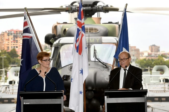La ministre australienne de la Défense, Marise Payne et son homologue français, Jean-Yves Le Drian, lors d'une conférence de presse le 19 décembre 2016 à Sydney