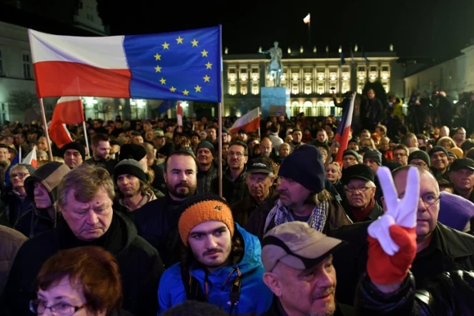 Des manifestants, réunis devant le palais présidentiel de Varsovie, et demandant "des tribunaux libres, des élections libres, une Pologne libre", le 24 novembre 2017
