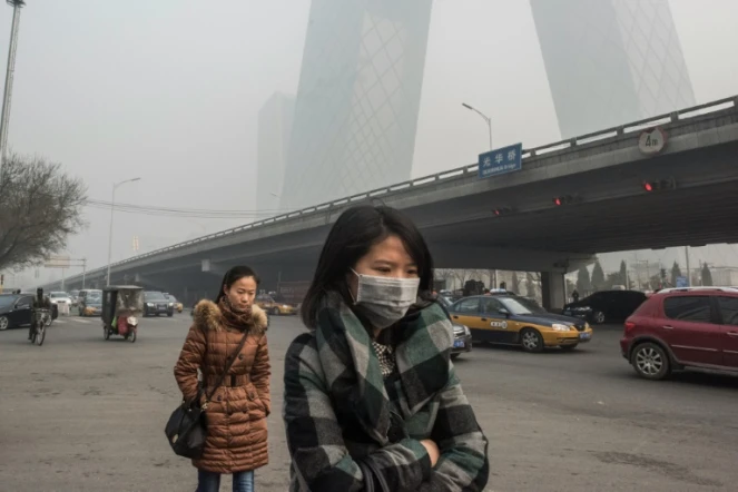 Une femme porte un masque pour se protéger de la pollution le 30 novembre 2015 à Pékin