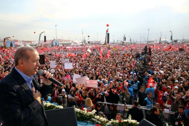 Photo prise et fournie le 8 avril 2017 par les services de la présidence turque montrant le président Recep Tayyip Erdogan s'exprimant lors d'un meeting à Istanbul