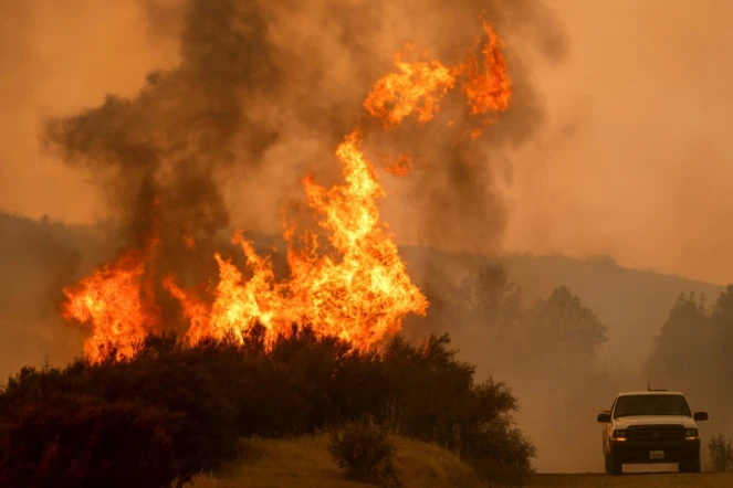 Les flammes du Ranch Fire, incendie faisant partie du Mendocino Complex, plus grand feu de l'histoire de la Californie, surplombe un véhicule près de la localité de Clearlake Oaks, le 5 août 2018