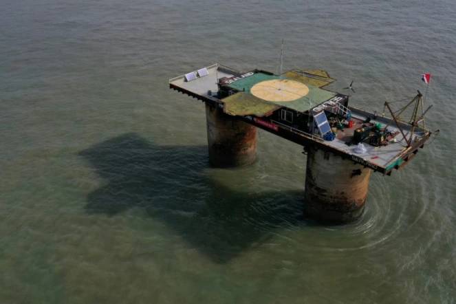 Vue aérienne de la Principauté de Sealand, établie sur une ancienne plateforme militaire, à 11 km au sud-est de l'Angleterre, le 16 septembre 2021