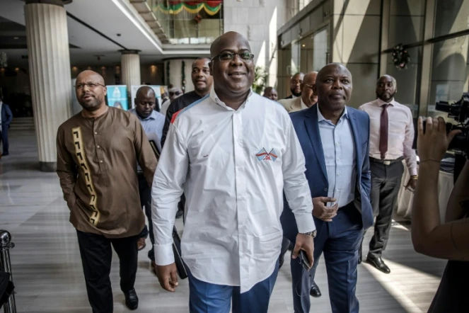 Le candidat à la présidentielle Felix Tshisekedi (c), le 29 décembre 2018 à Kinshasa, en RDC