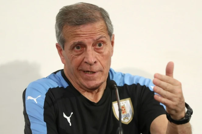 Le sélectionneur de l'Uruguay, Oscar Washington Tabarez lors d'une conférence de presse le 6 juin 2017 avant le match amical Uruguay Italie