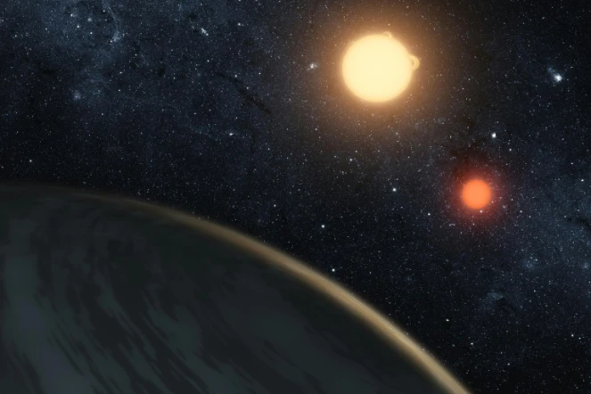 Un dessin réalisé par la Nasa de la planète Kepler-16b, qui tourne autour de deux étoiles