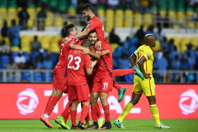 La joie des Tunisiens après un but contre le Zimbabwe lors de la CAN, le 23 janvier 2017 à Libreville