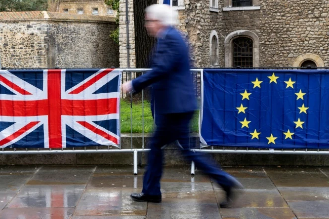 Un Londonien passe devant les drapeaux du Royaume-Uni et de l'Union européenne, près du parlement britannique, le 18 mars 2019