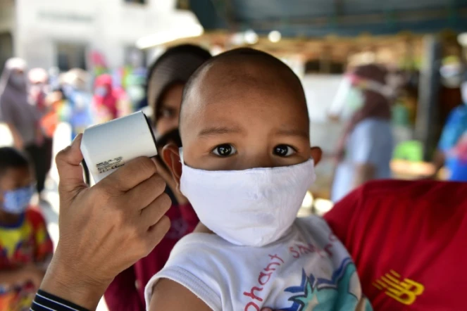 Vérification de la température d'un enfant, masqué, en Thaïlande dans la cadre de la prévention du Covid-19, le 17 avril 2020