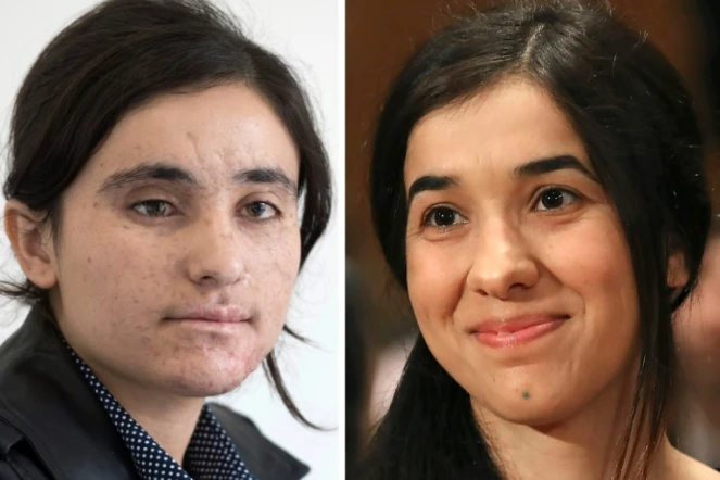 Montage réalisé le 28 octobre 2016 des portraits de deux femmes yézidies qui ont été esclaves du grouope EI et ont reçu le Prix Sakharov, Lamia Haji Bashar (G) et Nadia Murad (D)