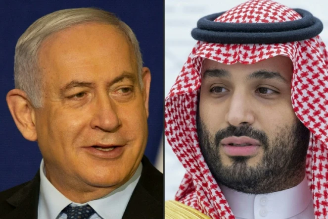 Portraits du Premier ministre israélien Benjamin Netanyahu et du prince héritier saoudien Mohammed ben Salmane