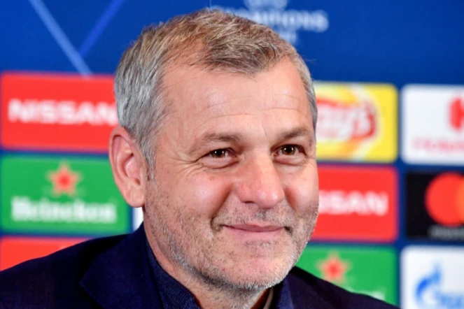 L'entraîneur de Lyon Bruno Genesio en conférence de presse à Kiev le 11 décembre 2018 veille du match face au Shakhtar Donetsk en Ligue des champions