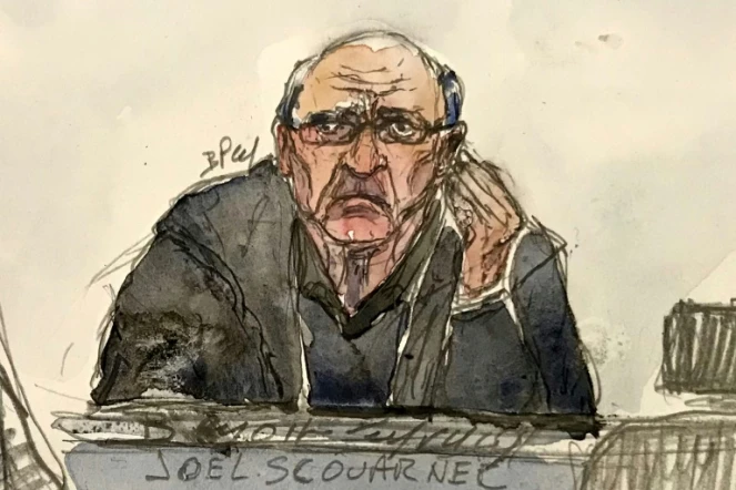 Croquis d'audience du 24 février 2025 montrant l'ex-chirurgien Joël Le Scouarnec à l'ouverture de son procès à Vannes pour viols et agressions sexuelles sur 299 patients 