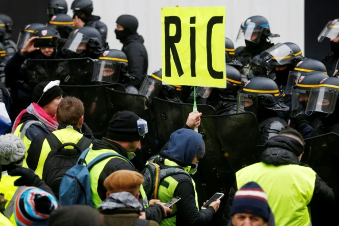 Une pancarte réclamant l'instauration d'un référendum d'initiative citoyenne (RIC) est brandie lors d'une manifestation de "gilets jaunes" à Paris, le 15 décembre 2018