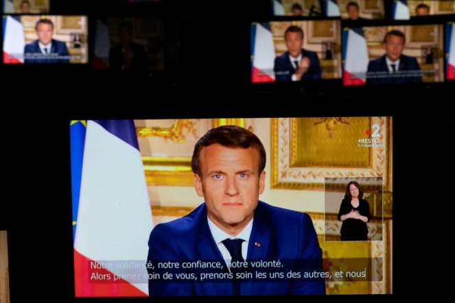 Capture d'écran du président Macron lors de son allocution télévisée depuis l'Elysée le 13 avril 2020