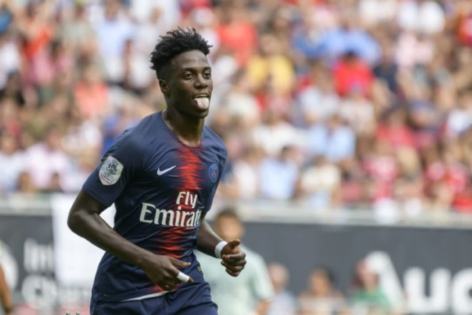 Le joueur du Paris Saint-Germain, Timothy Weah, juste après avoir marqué face au Bayern de Munich en match amical, le 21 juillet 2018 à Klagenfurt en Autriche 