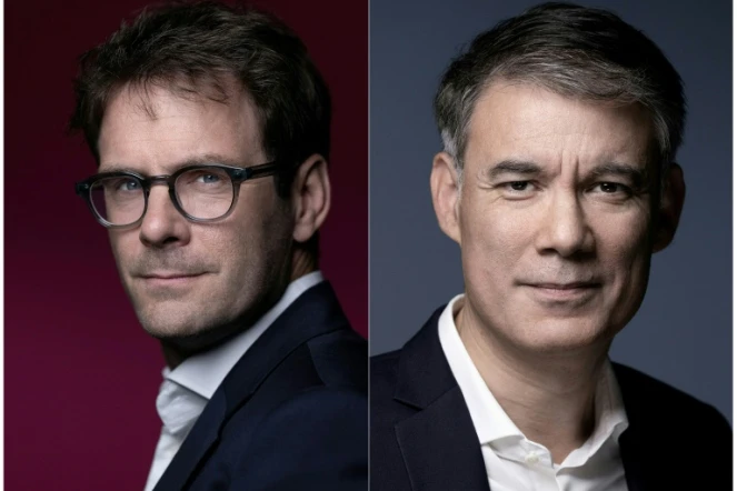 Photos prises le 20 mai 2025 du maire de Rouen Nicolas Mayer-Rossignol (gauche)  à Paris, et le 12 janvier 2023 du premier secrétaire du Parti socialiste (PS) sortant Olivier à Paris