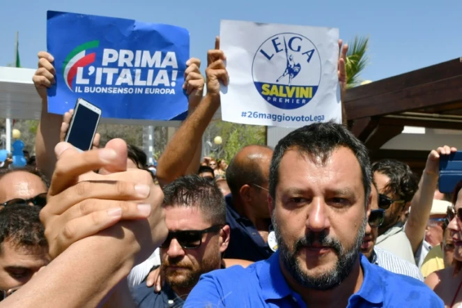 Le ministre italien de l'Intérieur Matteo Salvino en tournée électorale à Policoro (sud), le 10 août 2019