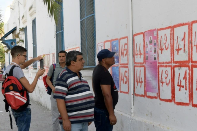 Des Tunisiens regardent des listes de candidats aux élections collées à un mur de la capitale Tunis, le 14 septembre 2019