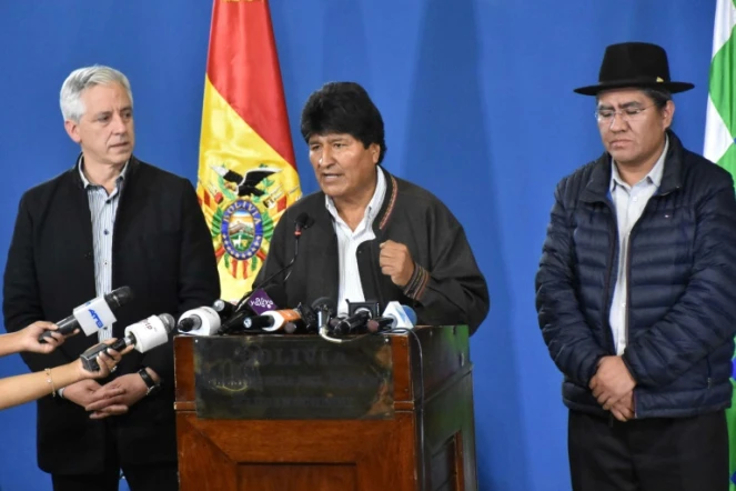 Photo de la présidence bolivienne représentant le président Evo Morales lors d'une conférrence de presse le 9 novembre 2019 à El Alto.