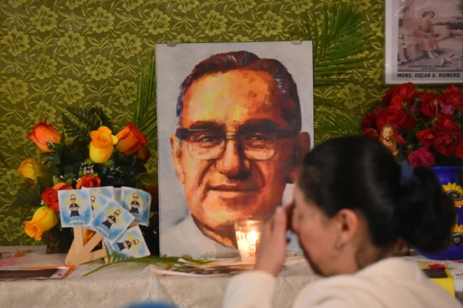 Portrait de l'archévêque Mgr Oscar Romero, dans sa ville natale de Ciudad Barrios, à 165 kms de San Salvador, le jour de sa canonisation le 14 octobre 2018