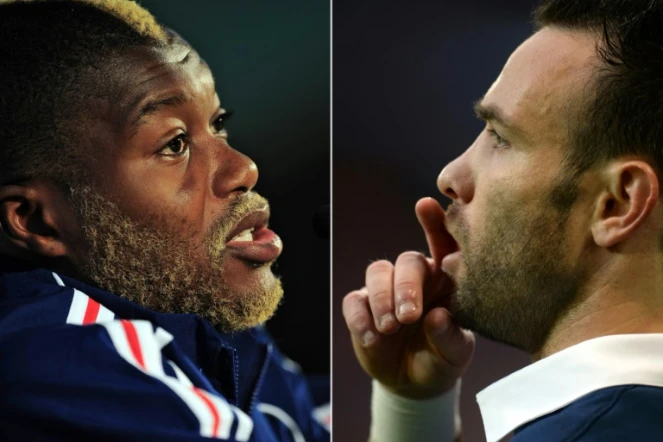 Montage photos, le 13 octobre 2015, des footballeurs Djibril Cissé (g) et Mathieu Valbuena