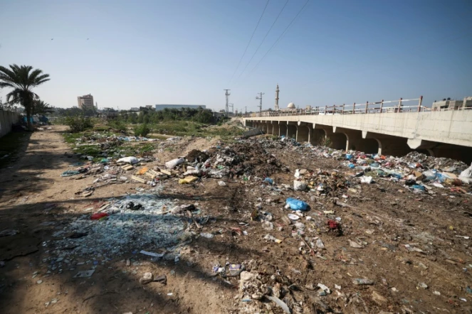 Des déchets en plastique dans le marais de Wadi Gaza que les autorités locales  veulent transformer en premier parc naturel de l'enclave palestinienne, le 9 février 2022