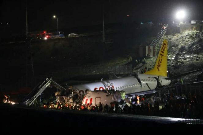 Un Boeing 737 de la compagnie turque Pegasus brisé en deux après être sorti de piste à l'aéroport international Sabiha Gökcen d'Istanbul, le 5 février 2020
