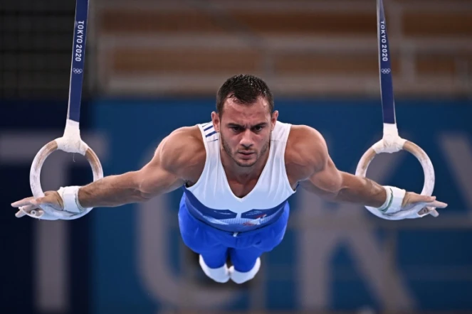 Le Français Samir Ait Said lors de l'épreuve des anneaux en gymnastique artistique lors des Jeux olympiques de Tokyo à l'Ariake Gymnastics Centre le 24 juillet 2021 