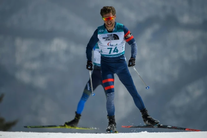 Le Français Benjamin Daviet lors de l'épreuve de biathlon 12,5 km debout, aux Jeux Paralympiques d'Hiver de Pyeongchang, le 13 mars 2018