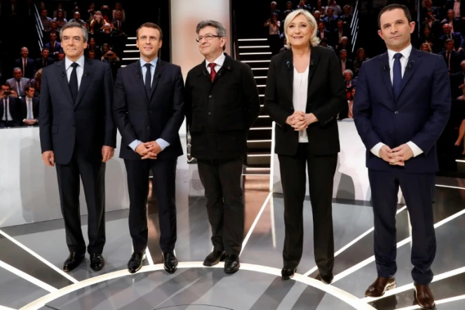 Le premier débat télévisé entre les principaux candidats à la présidentielle Francois Fillon, Emmanuel Macron, Jean-Luc Melenchon, Marine Le Pen, Benoit Hamon, le 20 mars à Aubervilliers, a été policé et sans grande surprise, selon la presse