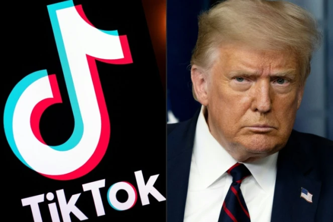 Montage photos du 1er août 2020 montrant le logo du réseau social TikTok et le président américain Donald Trump