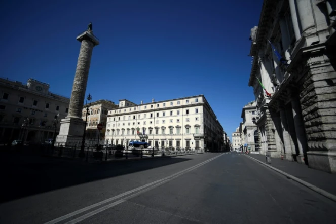 Les rues désertes de Rome, ici la Via del Corso, près du Palais Chigi, le 16 mars 2020