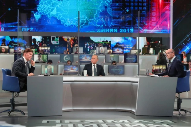 Le président russe Vladimir Poutine lors de son intervention télévisée, "Ligne directe", le 7 juin 2018 