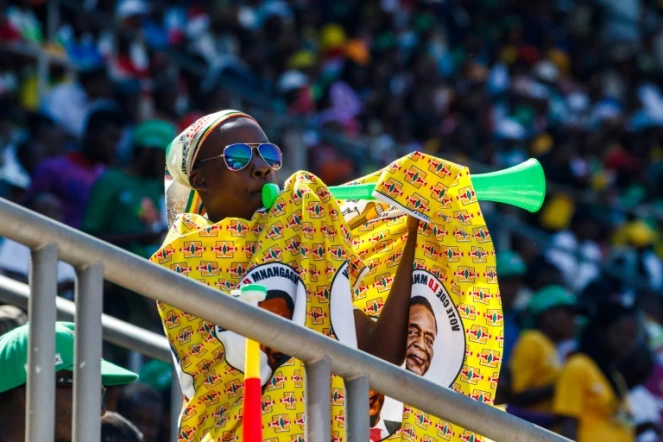 Un homme souffle dans son vuvuzela lors de la cérémonie d'investiture du président zimbawéen Emmerson Mnangagwa, le 26 août 2018 à Harare